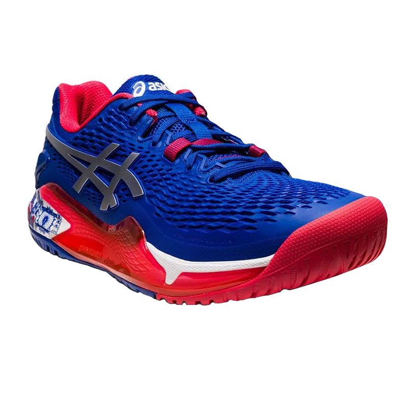 tenis-asics-gel-resolution-9-LE-azul-verm-lateral-frente