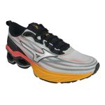 tenis-mizuno-wave-frontier-14-cinza-preto-laranja-lateral-frente