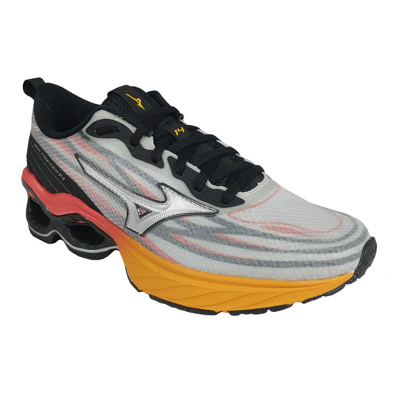 tenis-mizuno-wave-frontier-14-cinza-preto-laranja-lateral-frente