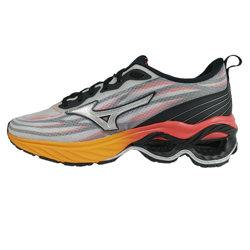tenis-mizuno-wave-frontier-14-cinza-preto-laranja-esquerdo