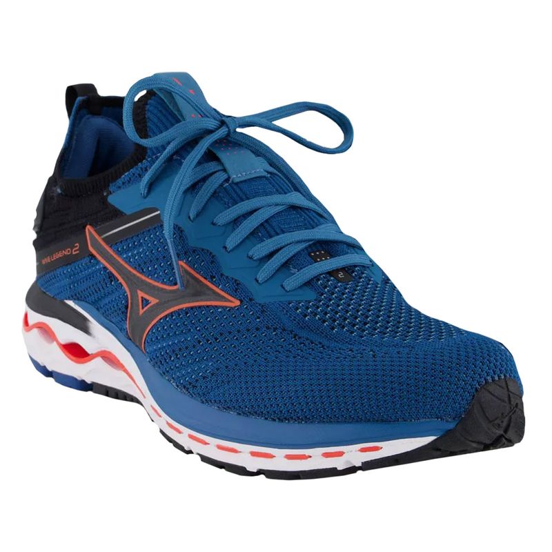 tenis-mizuno-wave-legend-2-azul-laranja-lateral-frente