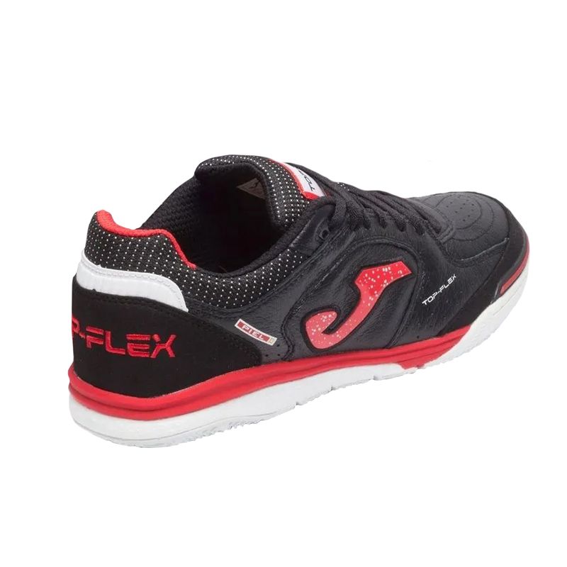 tenis-joma-futsal-top-flex-2301-preta-vermelha-lateral-atras