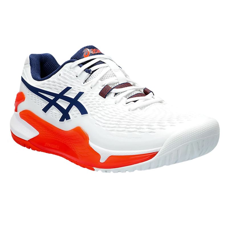 tenis-asics-resolution-9-branco-laranja-lateral-frente