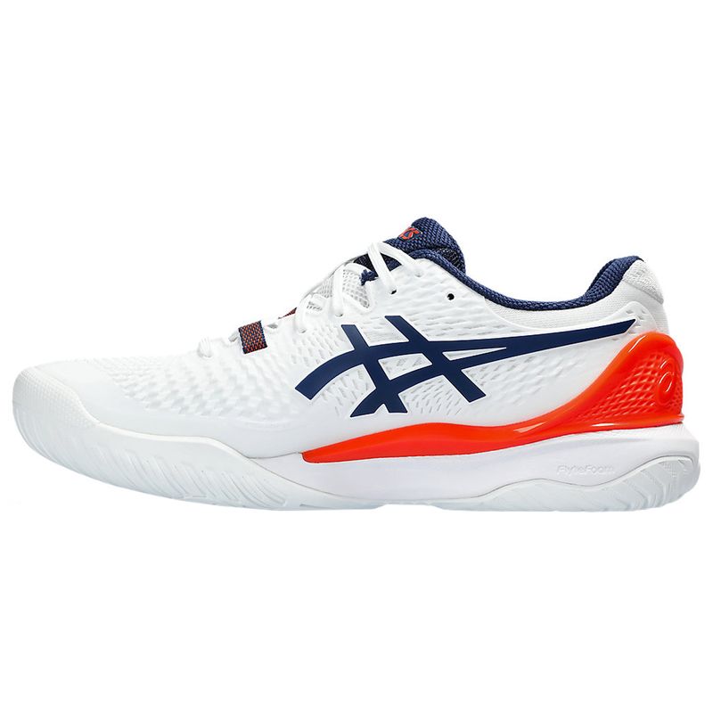 tenis-asics-resolution-9-branco-laranja-esquerdo