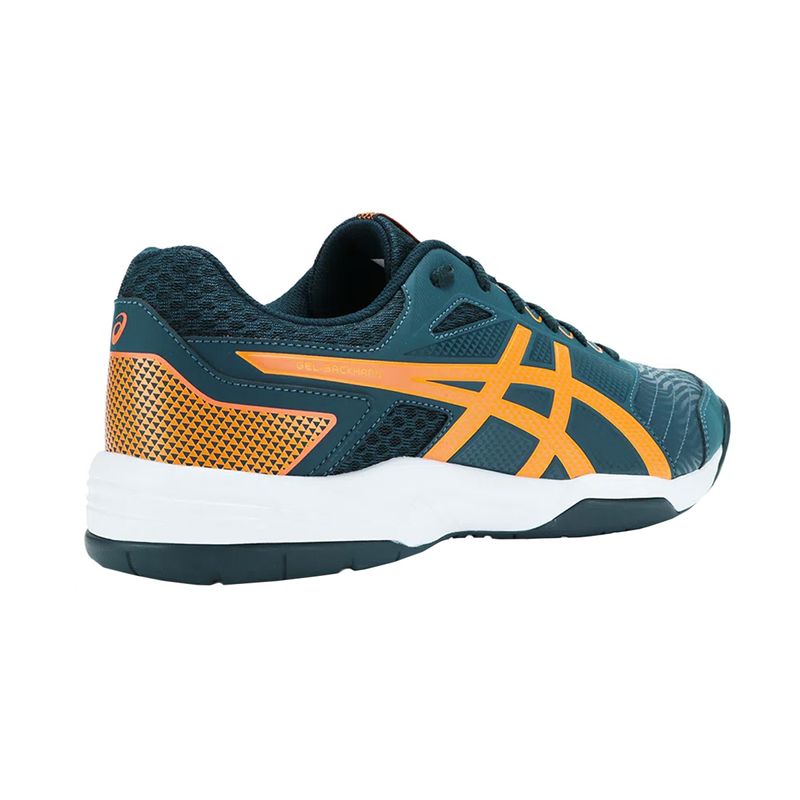 tenis-asics-gel-backhand-marinho-laranja-lateral-atras