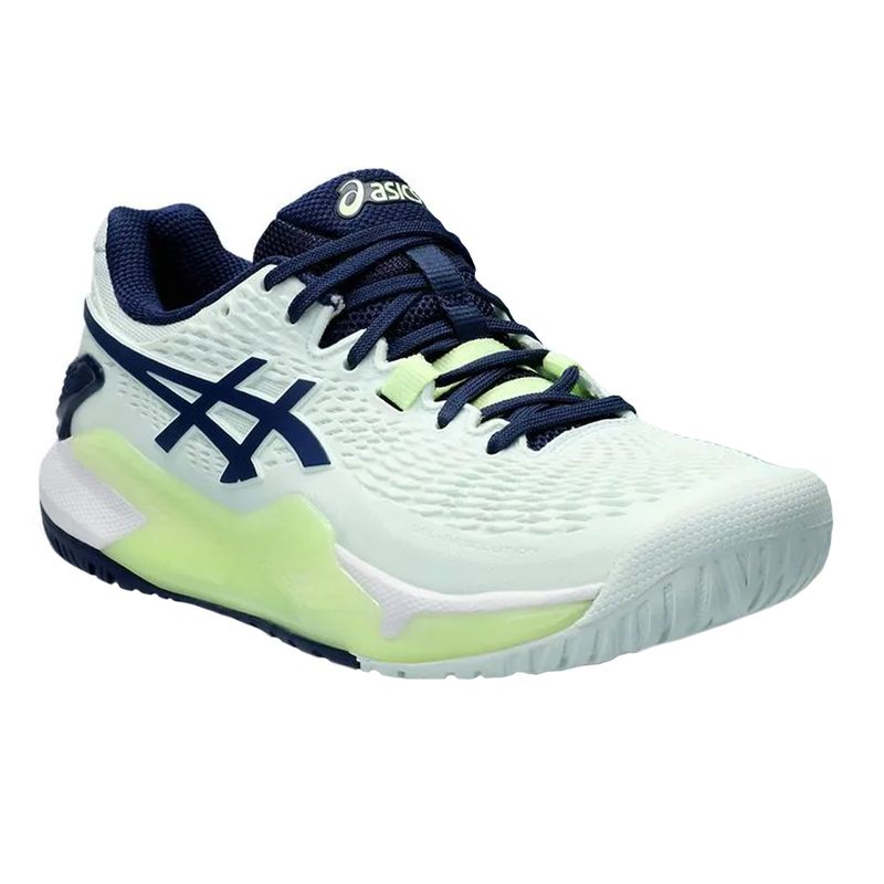 tenis-asics-gel-resolution-9-verde-azul-lateral-frente