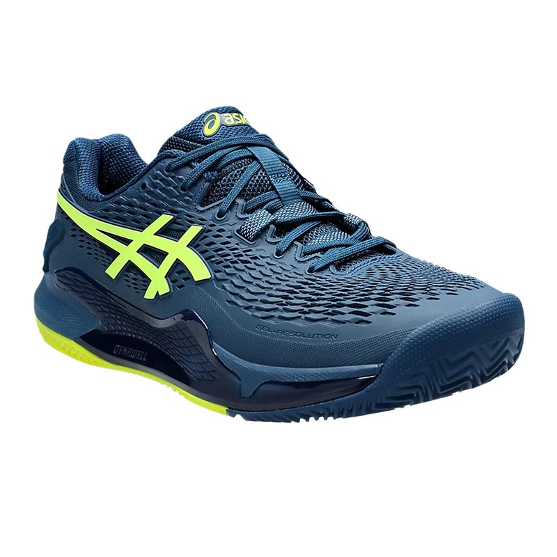 tenis-asics-masc-resolution-9-azul-e-amarelo-clay-lateral-frente