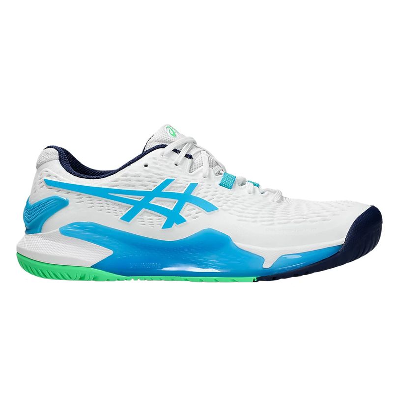 tenis-asics-masc-resolution-9-branco-azul-verde-direita