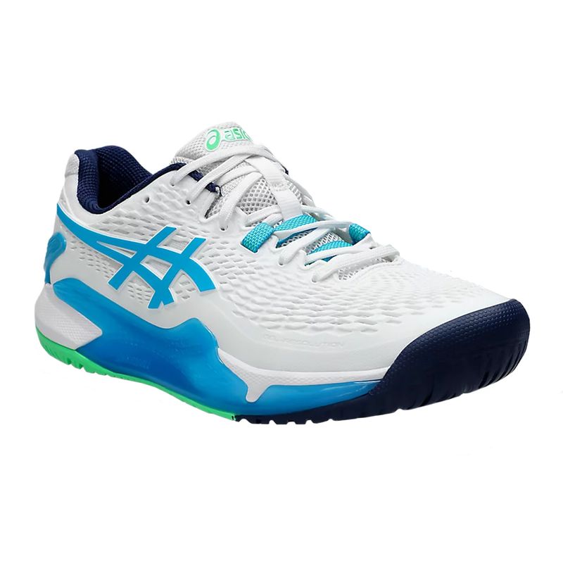 tenis-asics-masc-resolution-9-branco-azul-verde-lateral-frente