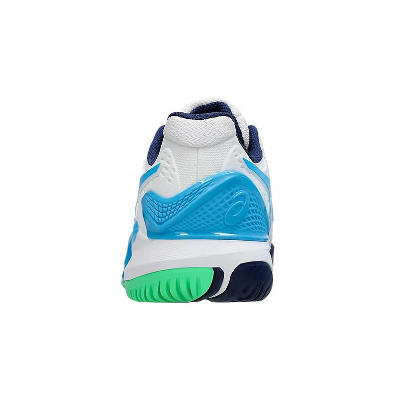 tenis-asics-masc-resolution-9-branco-azul-verde-calcanhar