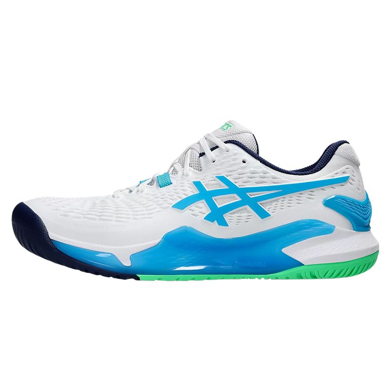 tenis-asics-masc-resolution-9-branco-azul-verde-esquerda