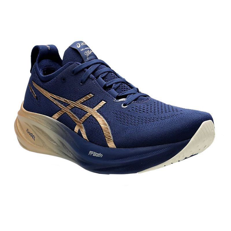 tenis-asics-gel-nimbus-26-platina-azul-dourado-lateral-frente