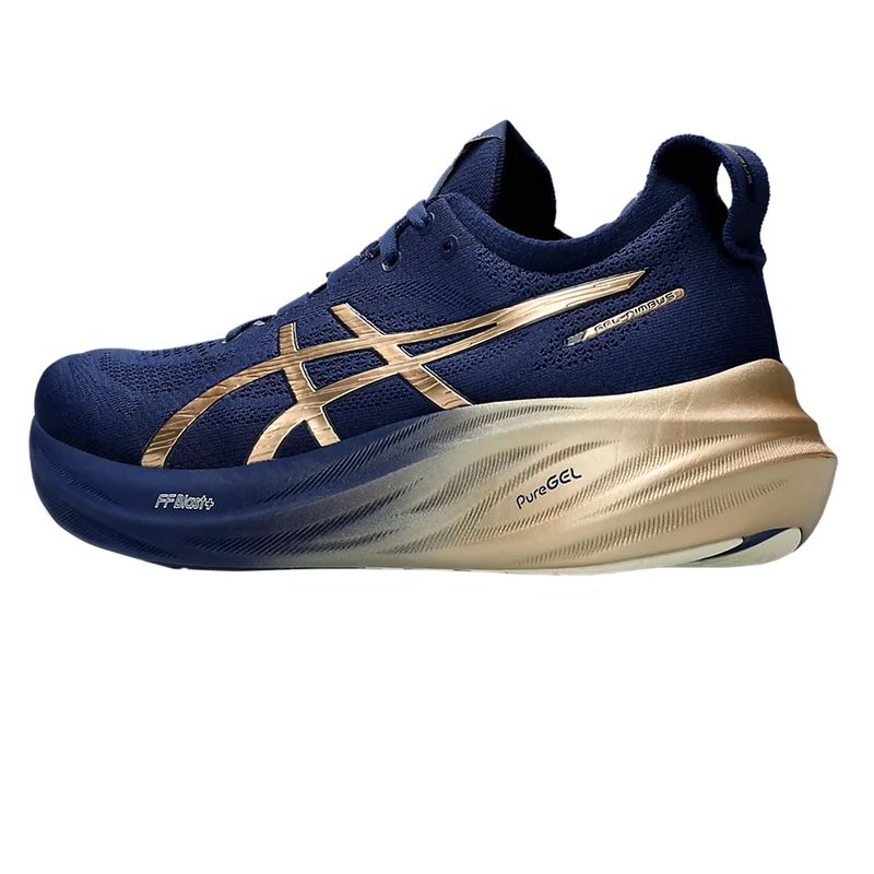 tenis-asics-gel-nimbus-26-platina-azul-dourado-lateral-atras