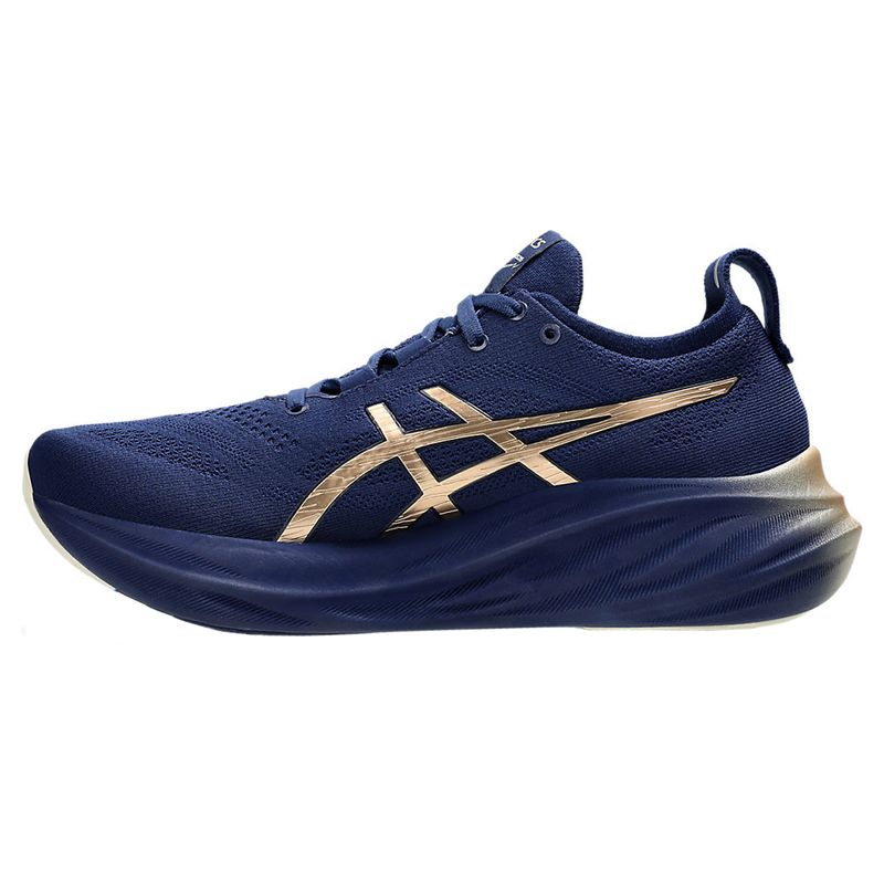 tenis-asics-gel-nimbus-26-platina-azul-dourado-esquerda