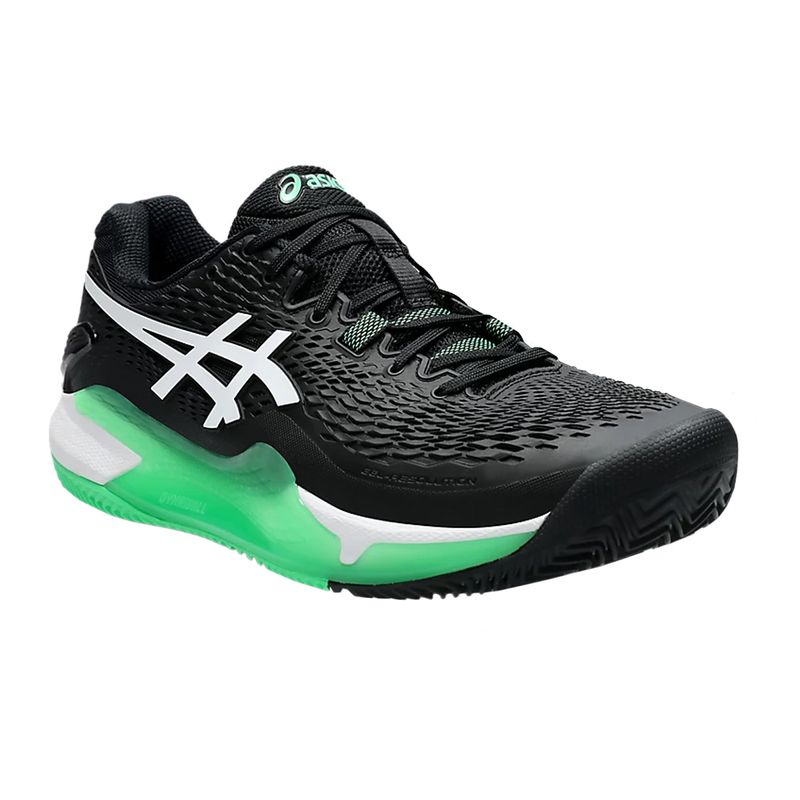 tenis-asics-resolution-9-preto-e-verde-clay-lateral-frente