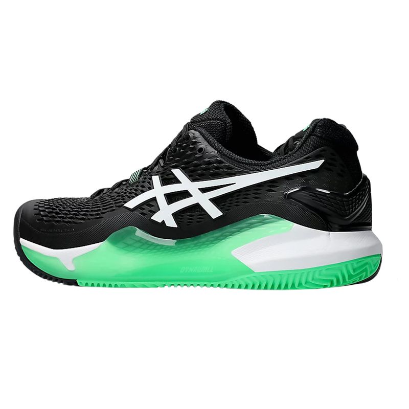 tenis-asics-resolution-9-preto-e-verde-clay-lateral-atras