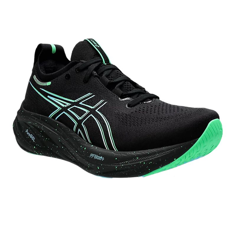 tenis-asics-gel-nimbus-26-preto-e-verde-lateral-frente