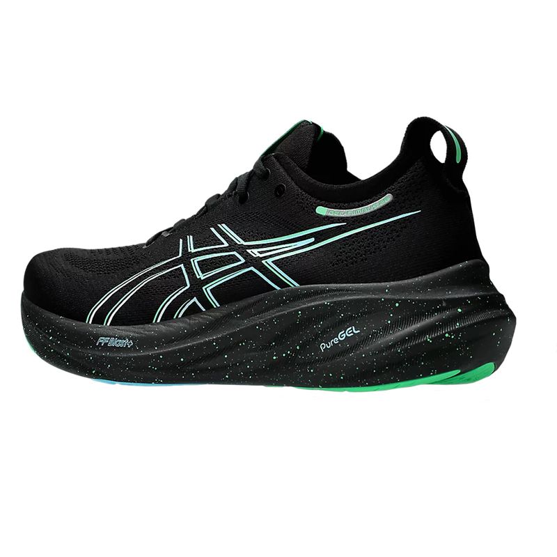 tenis-asics-gel-nimbus-26-preto-e-verde-lateral-atras