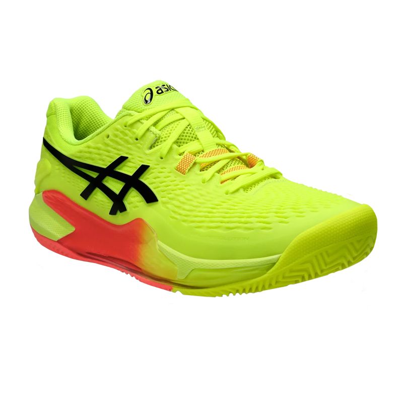 tenis-asics-resolution-9-steel-amarelo-preto-laranja-clay-lateral-frente